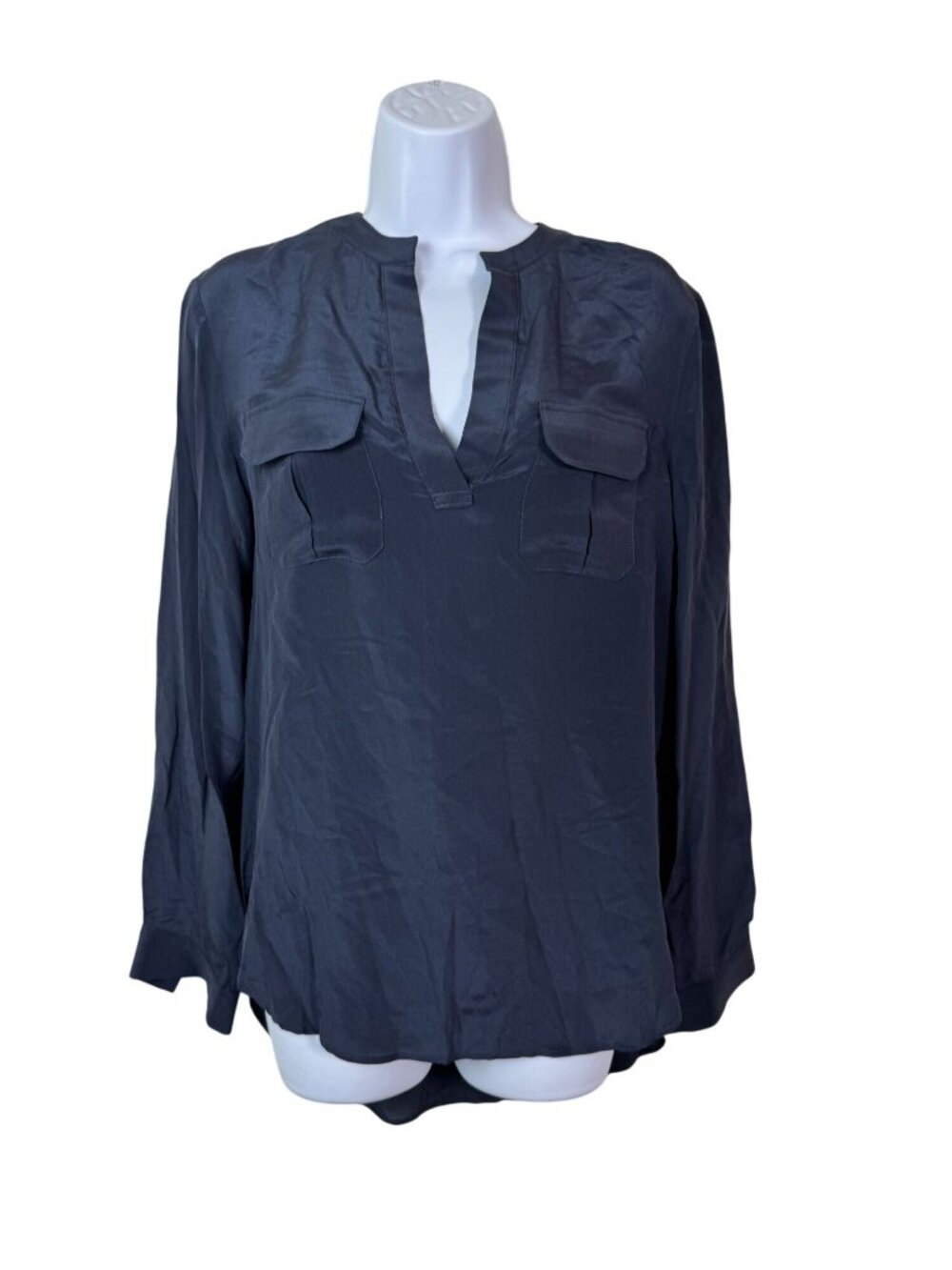 100% Silk Blue Long Sleeve tunic Top Button Up Dual Chest Pockets Lightweight